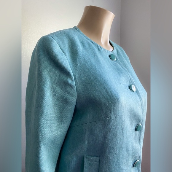 TALBOTS Teal Linen 3/4 Sleeve Blazer Collarless Career Feminine Retro 6 Petite - Picture 13 of 13